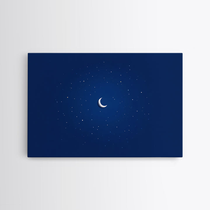 Minimal Crescent Moon Stars Wall Art, Deep Blue Night Sky Print, Modern Celestial Poster, Nursery Bedroom Wall Decor, Kids Room Decor