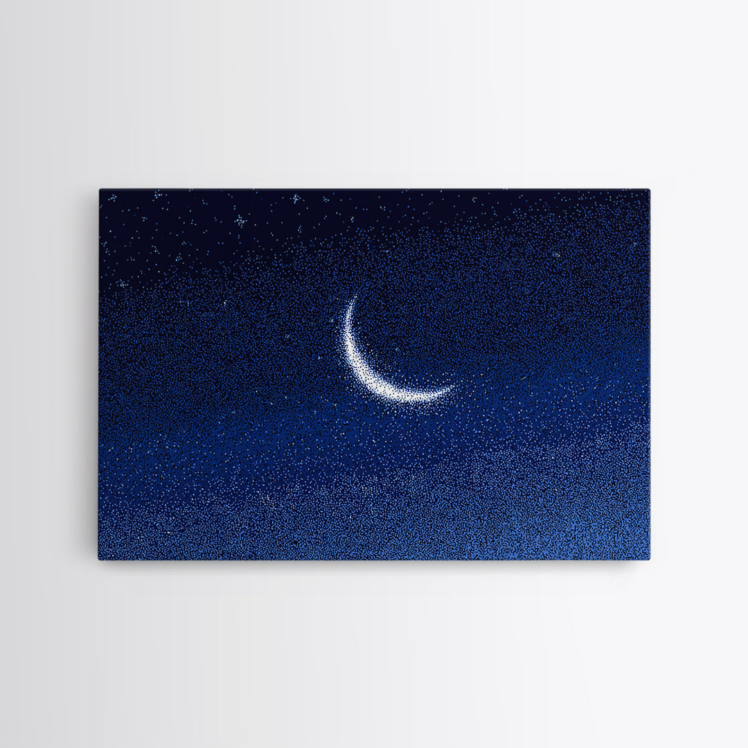 Glowing Crescent Moon Starry Sky Canvas Print, Blue Celestial Wall Art, Modern Night Poster, Minimalist Bedroom Decor, Nursery Decor