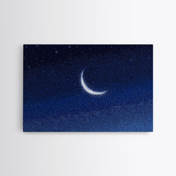 Glowing Crescent Moon Starry Sky Canvas Print, Blue Celestial Wall Art, Modern Night Poster, Minimalist Bedroom Decor, Nursery Decor