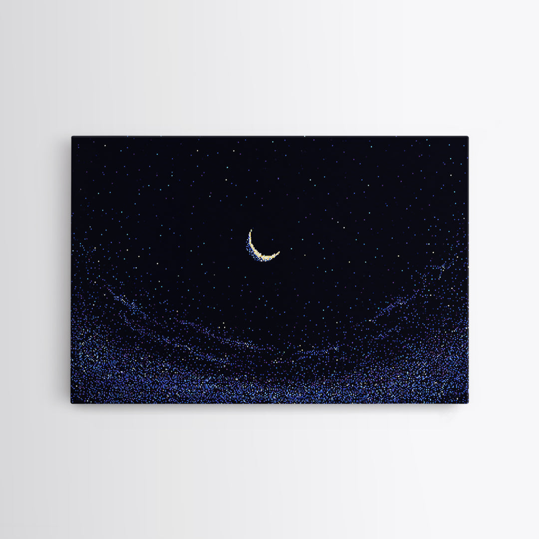 Crescent Moon Starry Night Wall Art, Pixel Sky Landscape, Blue Celestial Poster, Retro Modern Decor, Bedroom Print Gift Idea