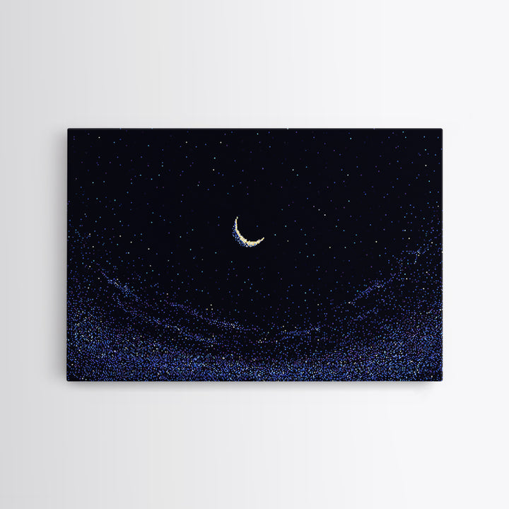 Crescent Moon Starry Night Wall Art, Pixel Sky Landscape, Blue Celestial Poster, Retro Modern Decor, Bedroom Print Gift Idea