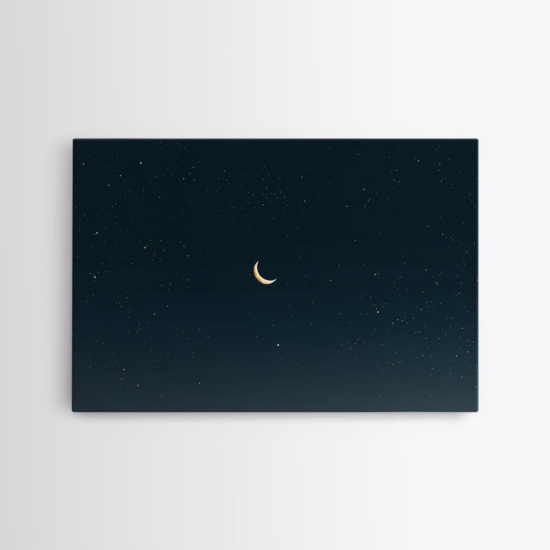Minimal Crescent Moon Canvas Print, Teal Starry Sky, Celestial Night Landscape, Modern Wall Decor, Bedroom Poster Gift Idea