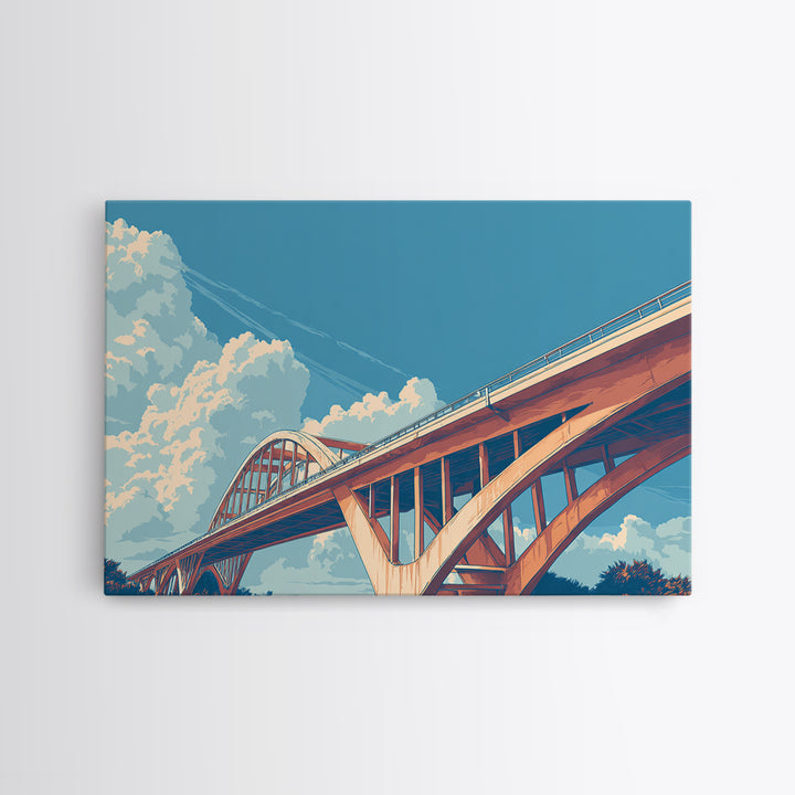 Sunlit Arch Bridge Framed Canvas Print, Modern Architecture Wall Art, Blue Sky Cloudscape, Travel Poster, Office Decor Gift Idea