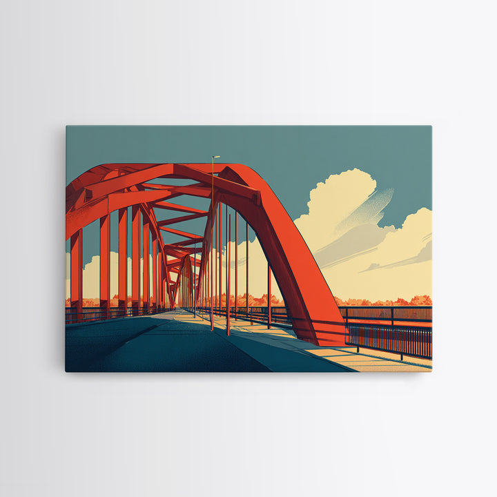 Red Steel Arch Bridge Canvas Print, Sunset Architecture Wall Art, Midcentury Modern Poster, Office Decor, Travel Print Gift