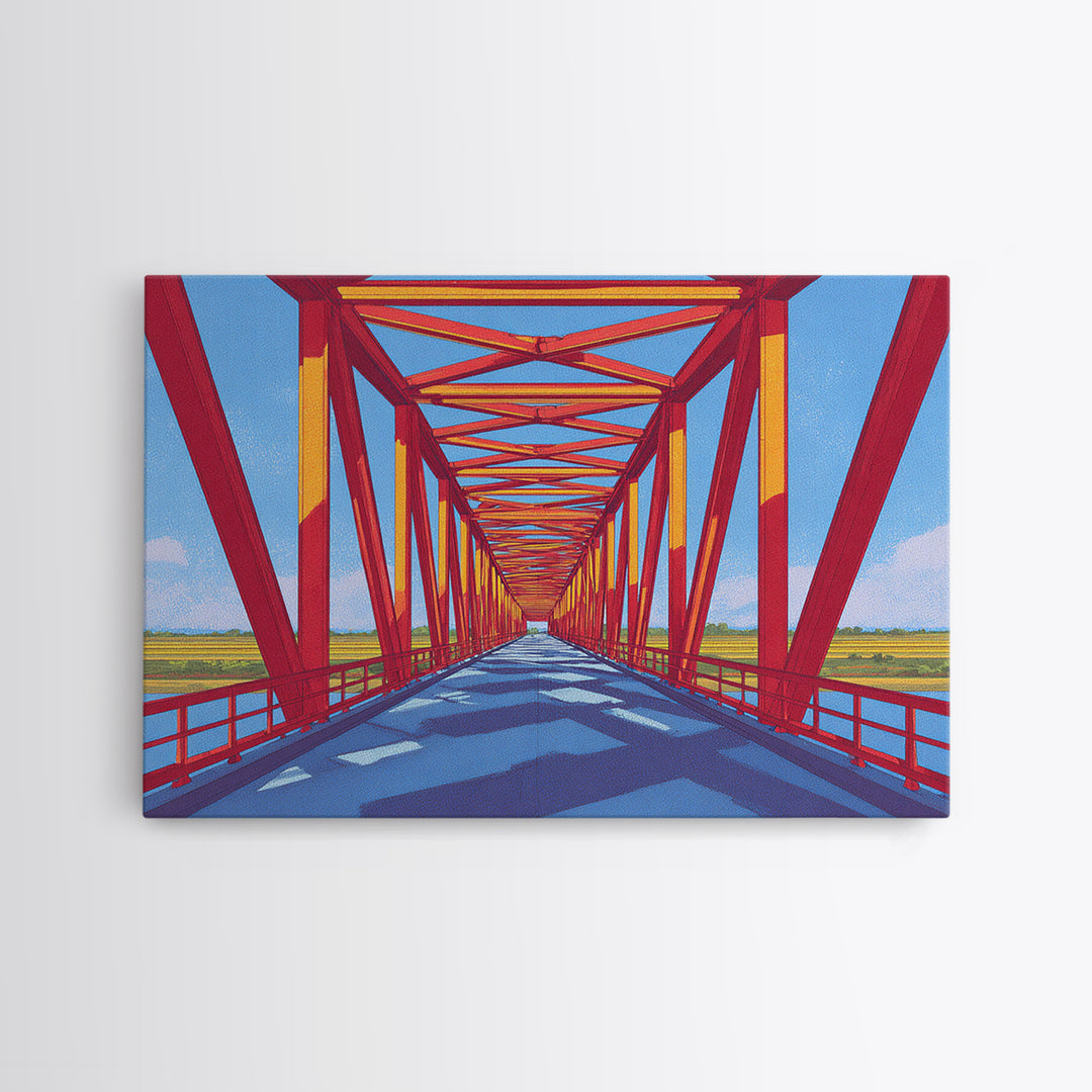 Red Truss Bridge Perspective Wall Art, Geometric Architecture Canvas Print, Bold Modern Decor, Office Poster, Travel Gift