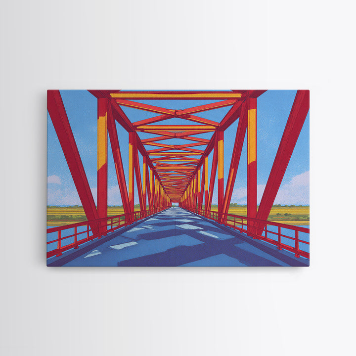 Red Truss Bridge Perspective Wall Art, Geometric Architecture Canvas Print, Bold Modern Decor, Office Poster, Travel Gift