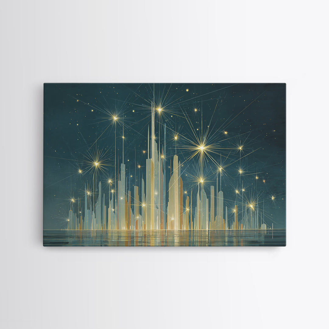Golden Art Deco Skyline Wall Art, Firework Starburst Cityscape Canvas Print, Teal Modern Decor, Living Room Poster Gift