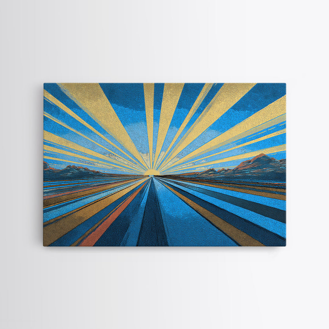 Blue Gold Sunburst Road Wall Art, Midcentury Modern Poster, Geometric Landscape Print, Retro Travel Decor, Office Decor Gift