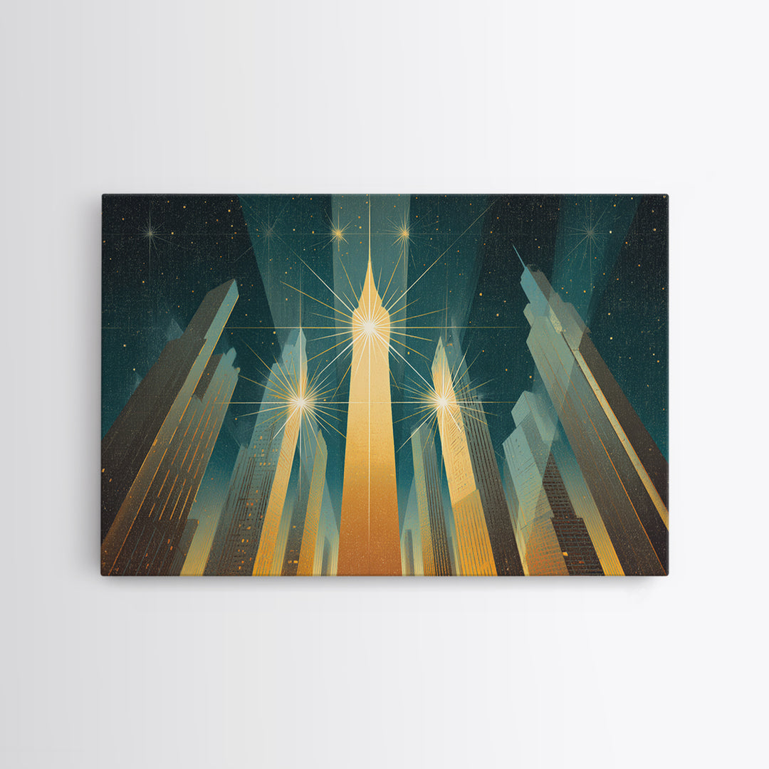 Radiant Art Deco Skyscrapers Canvas Print, Golden Starburst City Wall Art, Modern Retro Poster, Office Decor Gift Idea Print