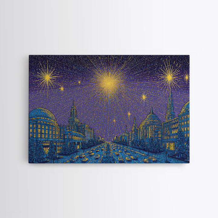 Golden Fireworks Over Retro City Skyline Wall Art, Mid Century Modern Poster, Blue Urban Landscape, Office Decor Print Gift