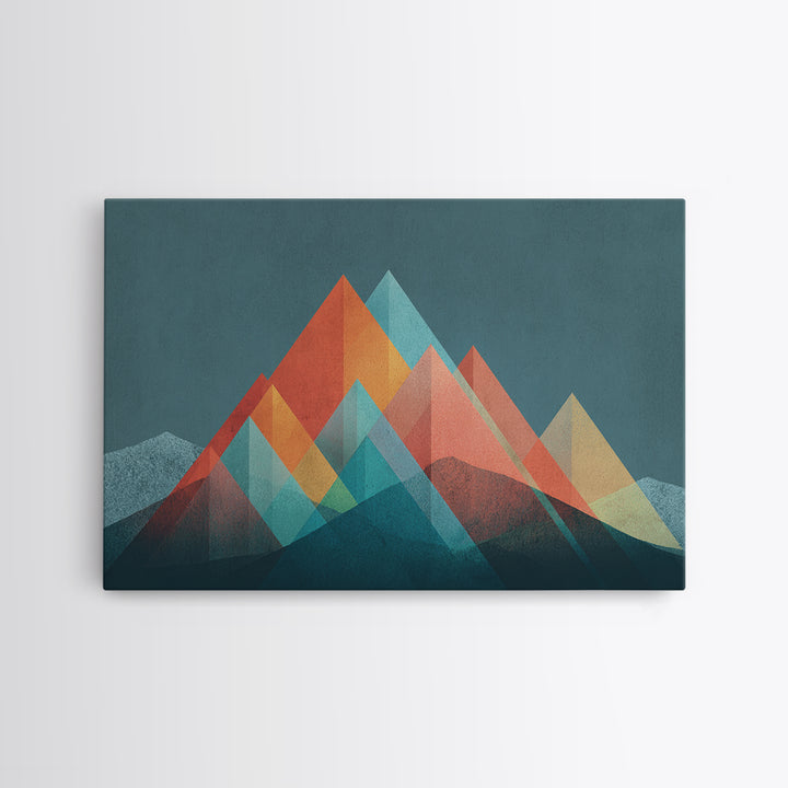 Transparent Geometric Mountain Peaks Canvas Print, Mid Century Modern Abstract Art, Teal Orange Wall Decor, Living Room Print