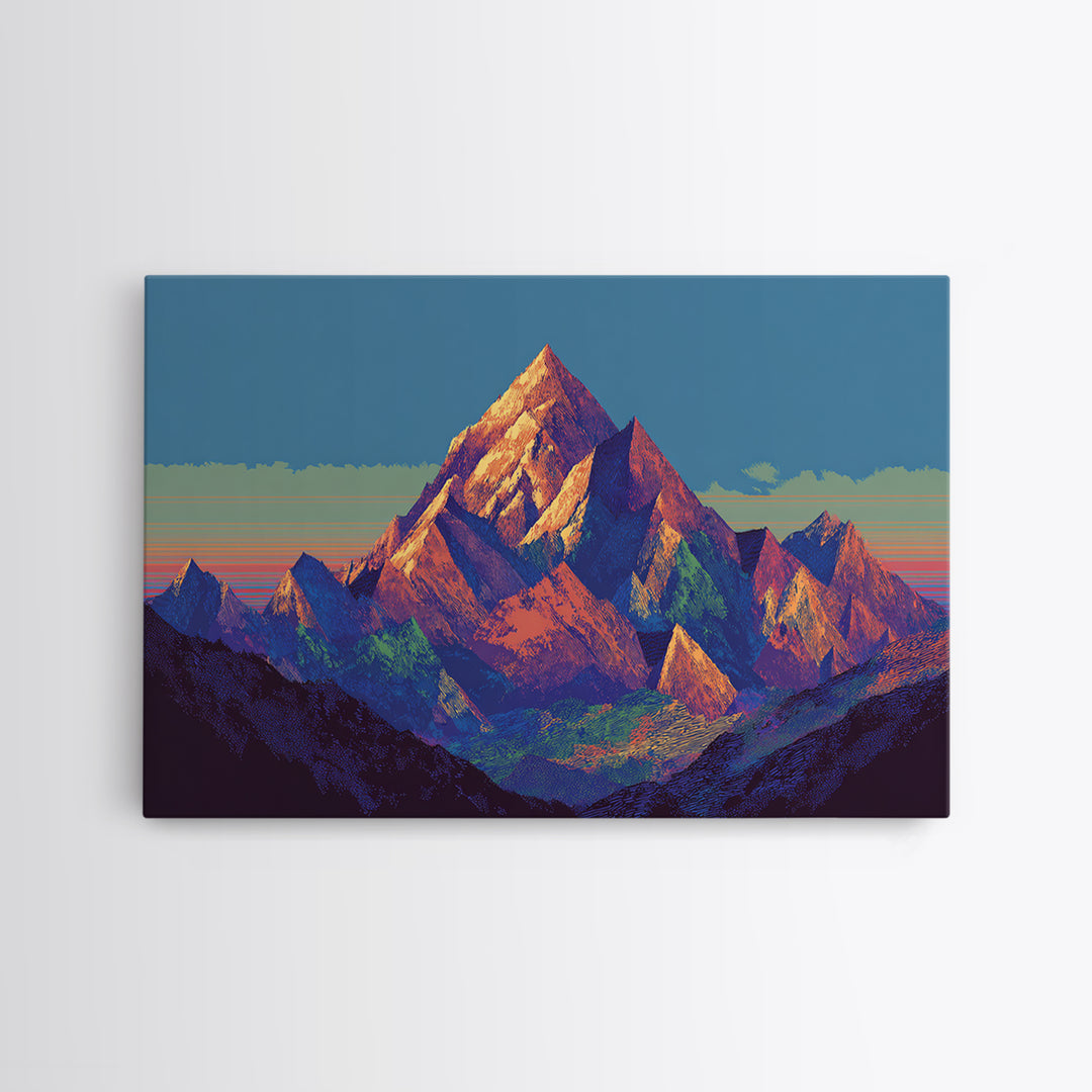 Vibrant Sunset Alpine Mountain Wall Art, Mid Century Modern Landscape Poster, Colorful Retro Home Decor, Large Canvas Print