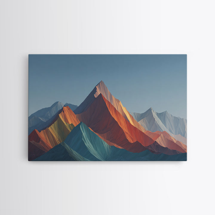 Faceted Rainbow Mountain Range Framed Canvas Print, Mid Century Modern Wall Art, Geometric Landscape, Bold Living Room Home Decor Print