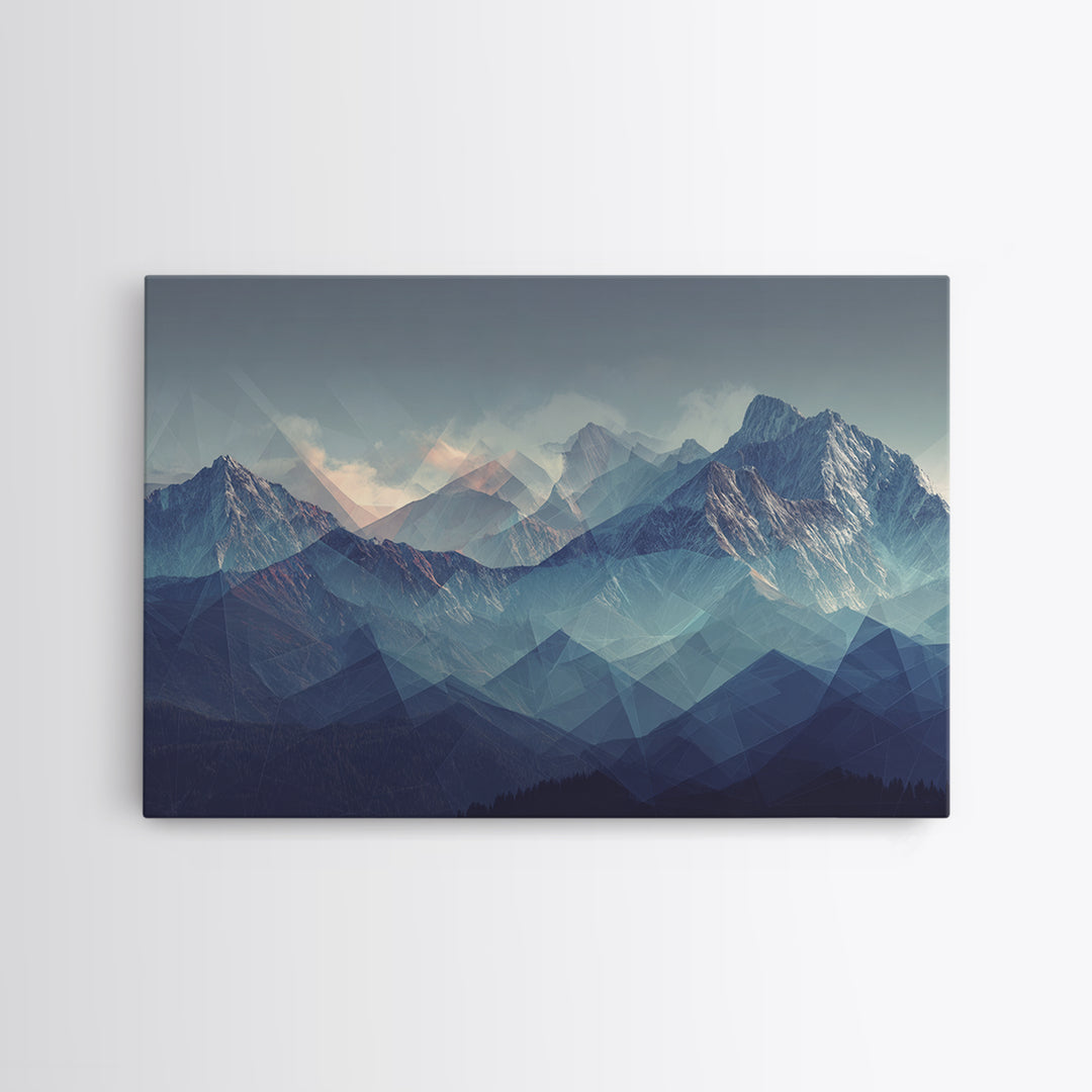 Misty Blue Polygon Mountain Vista Wall Art, Modern Abstract Landscape Print, Scandinavian Modern Decor, Bedroom Art Print