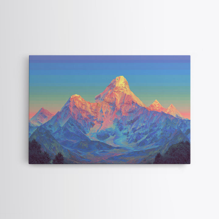 Pastel Himalayan Mountain Glow Canvas Print, Colorful Mid Century Modern Wall Art, Sunrise Landscape, Living Room Decor Print