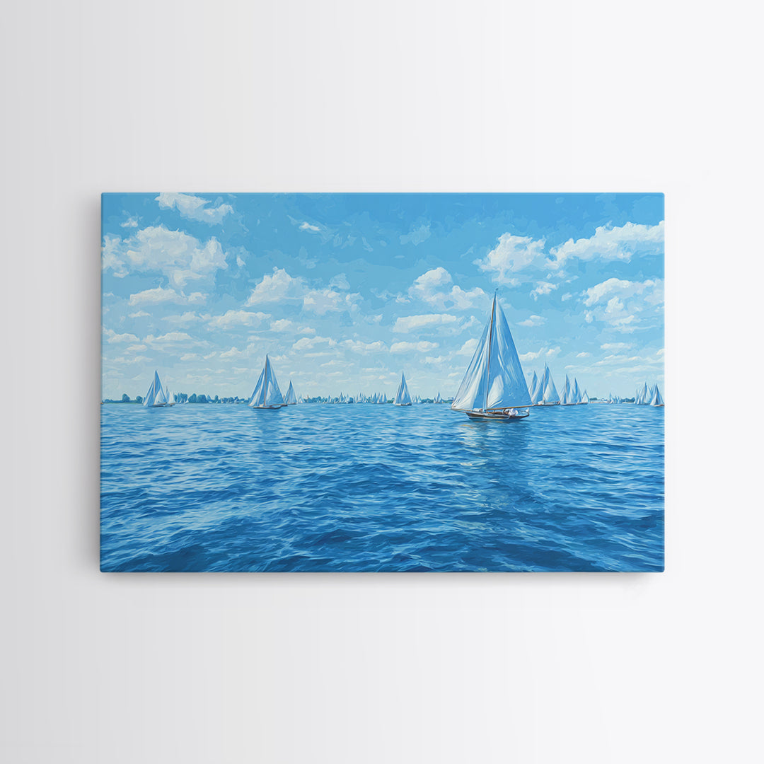 Blue Sailboats On Sparkling Summer Sea Wall Art, Coastal Modern Art Print, Nautical Decor, Beach House Living Room Poster