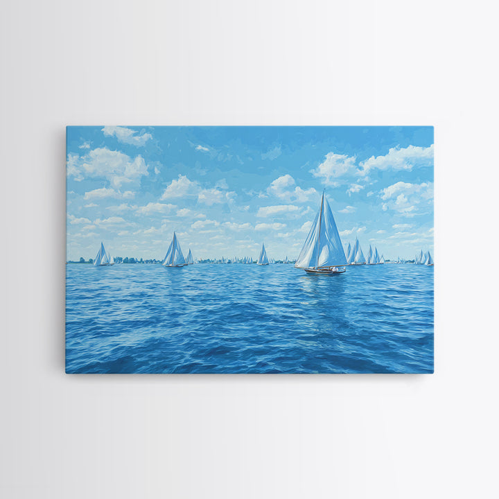 Blue Sailboats On Sparkling Summer Sea Wall Art, Coastal Modern Art Print, Nautical Decor, Beach House Living Room Poster
