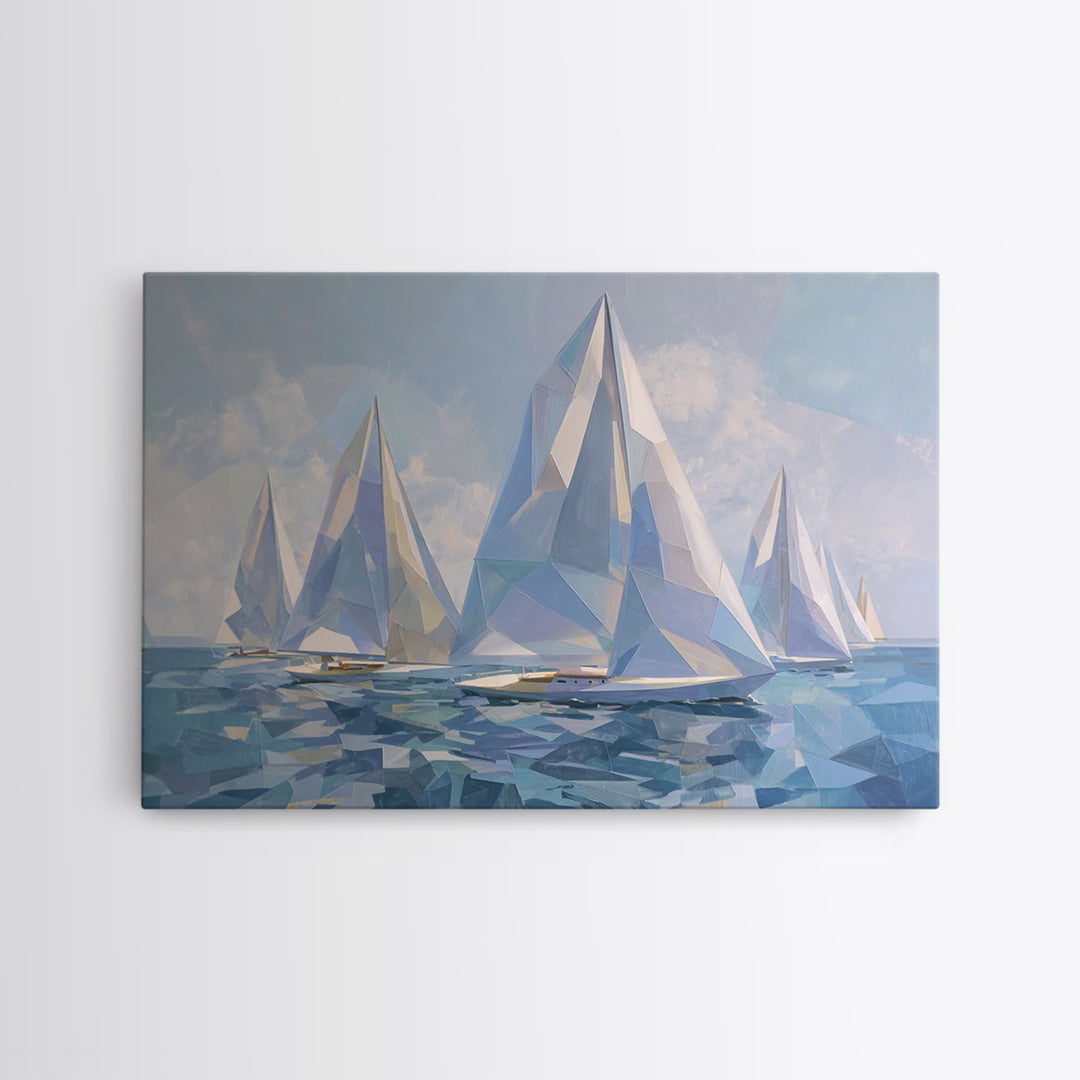 Crystal White Sailboats On Abstract Sea Framed Canvas Print, Modern Coastal Wall Art, Geometric Nautical Living Room Decor