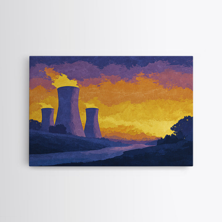 Purple Cooling Towers At Golden Sunset Wall Art, Retro Industrial Landscape Poster, Modern Wall Decor, Home Office Art Print