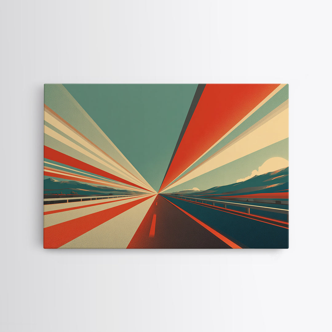 Retro Red Teal Highway Rays Canvas Print, Midcentury Modern Wall Art, Desert Road Poster, Bold Geometric Office Decor Print