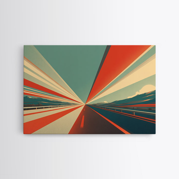 Retro Red Teal Highway Rays Canvas Print, Midcentury Modern Wall Art, Desert Road Poster, Bold Geometric Office Decor Print