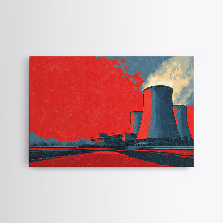Red Industrial Cooling Tower Landscape Canvas Print, Atomic Retro Wall Art, Modern Architecture Decor, Bold Statement Poster