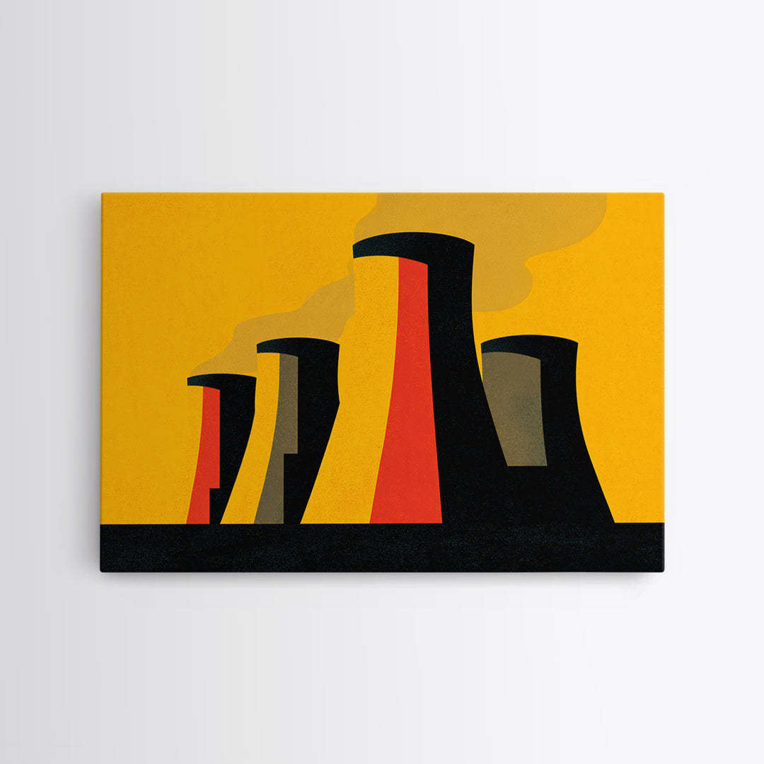 Graphic Cooling Towers At Sunset Wall Art, Midcentury Modern Art, Atomic Retro Poster, Orange Industrial Modern Wall Decor