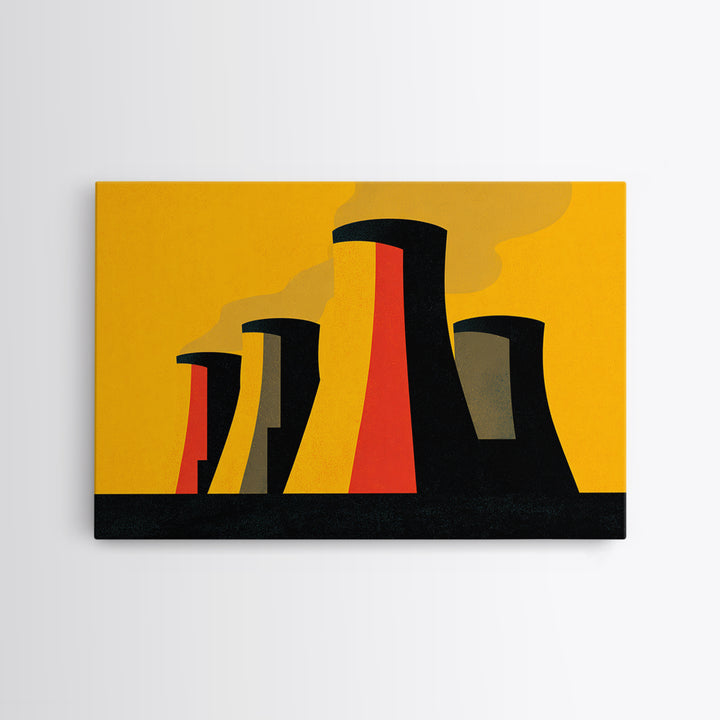 Graphic Cooling Towers At Sunset Wall Art, Midcentury Modern Art, Atomic Retro Poster, Orange Industrial Modern Wall Decor