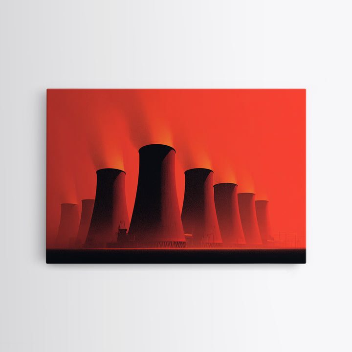 Red Nuclear Cooling Tower Silhouettes Canvas Print, Midcentury Modern Art, Retro Wall Art, Bold Orange Modern Home Decor
