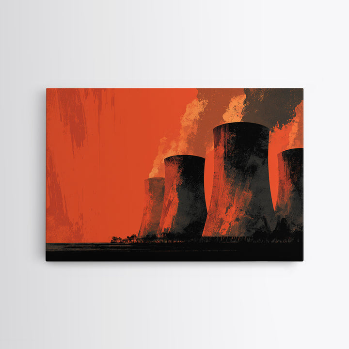 Smoky Cooling Towers In Orange Haze Framed Canvas Print, Midcentury Modern Art, Retro Wall Art, Moody Industrial Home Decor
