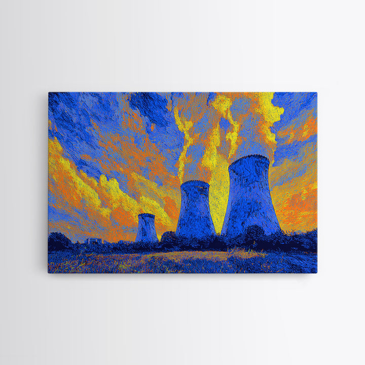 Blue Nuclear Cooling Towers Under Yellow Sky Wall Art, Bright Abstract Art, Midcentury Modern Poster, Colorful Modern Decor