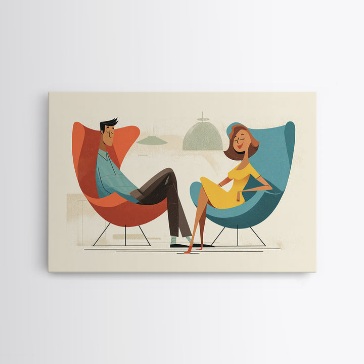 Stylish Couple In Egg Chairs Canvas Print, Midcentury Modern Art, Retro Wall Art, Atomic Lounge Decor, Colorful Home Print