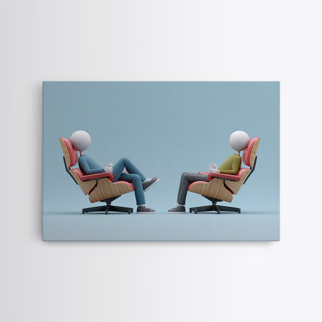 Faceless Figures In Retro Lounge Chairs Framed Canvas Print, Midcentury Modern Art, Minimalist Wall Art, Blue Office Decor