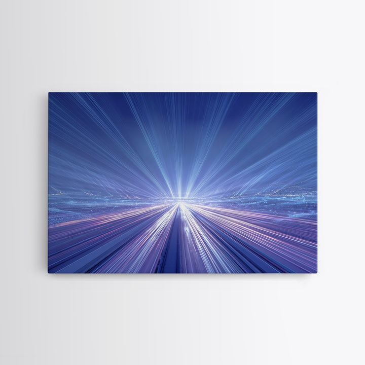 Electric Blue Light Trail Framed Canvas Print, Modern Abstract Art, Futuristic Highway Wall Decor, Sci Fi Office Poster Print