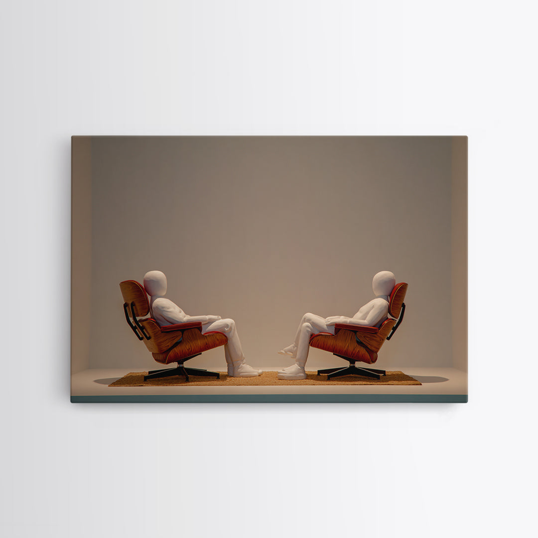 Minimal Figures Facing In Lounge Chairs Canvas Print, Midcentury Modern Art, Retro Wall Art, Neutral Modern Home Decor Print