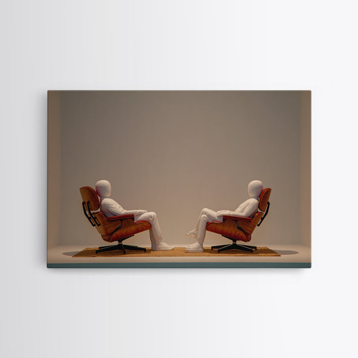 Minimal Figures Facing In Lounge Chairs Canvas Print, Midcentury Modern Art, Retro Wall Art, Neutral Modern Home Decor Print