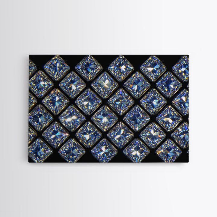 Blue Square Diamond Grid Canvas Print, Sparkling Geometric Wall Art, Modern Glam Decor, Black Luxury Poster, Gift For Her