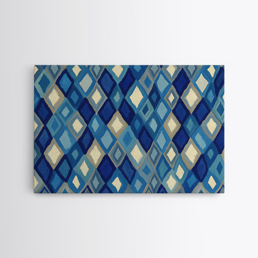 Blue Diamond Textile Pattern Wall Art, Geometric Modern Decor, Scandinavian Canvas Print, Coastal Abstract Poster For Home
