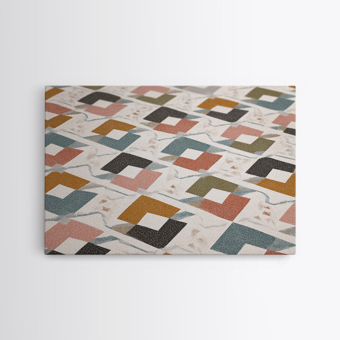 Retro Interlocking Square Pattern Wall Art, Mid Century Modern Decor, Geometric Canvas Print, Muted Color Textile Poster