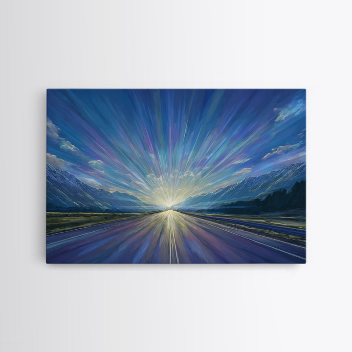 Mountain Sunrise Road Light Wall Art, Modern Landscape Print, Blue Scenic Office Decor, Contemporary Nature Home Decor Gift