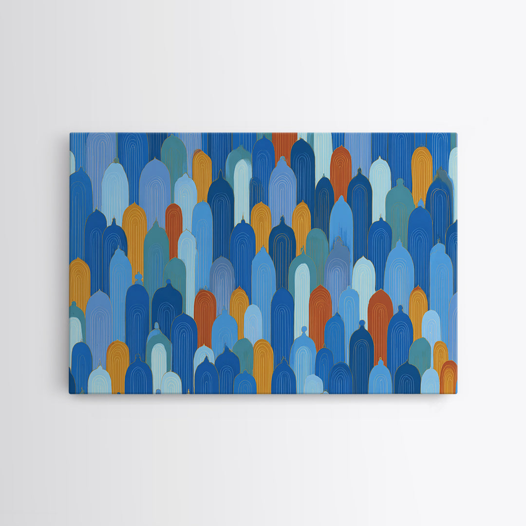 Blue Moorish Arch Pattern Canvas Print, Midcentury Modern Wall Art, Architectural Art, Geometric Poster For Living Room Decor