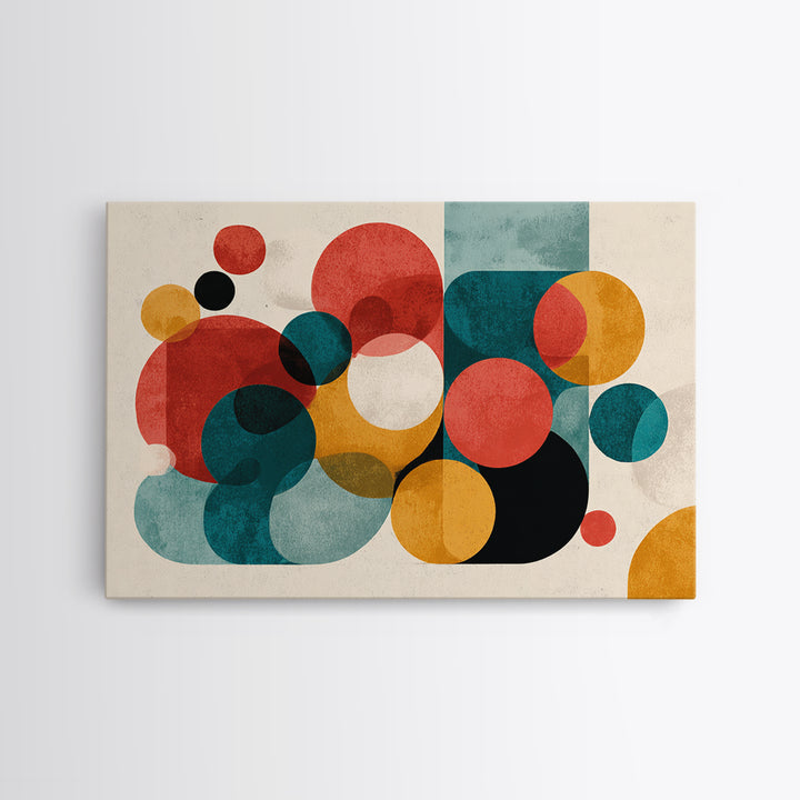 Red Teal Mustard Circle Wall Art, Midcentury Abstract Canvas Print, Geometric Shapes Art, Modern Home Decor, Office Decor