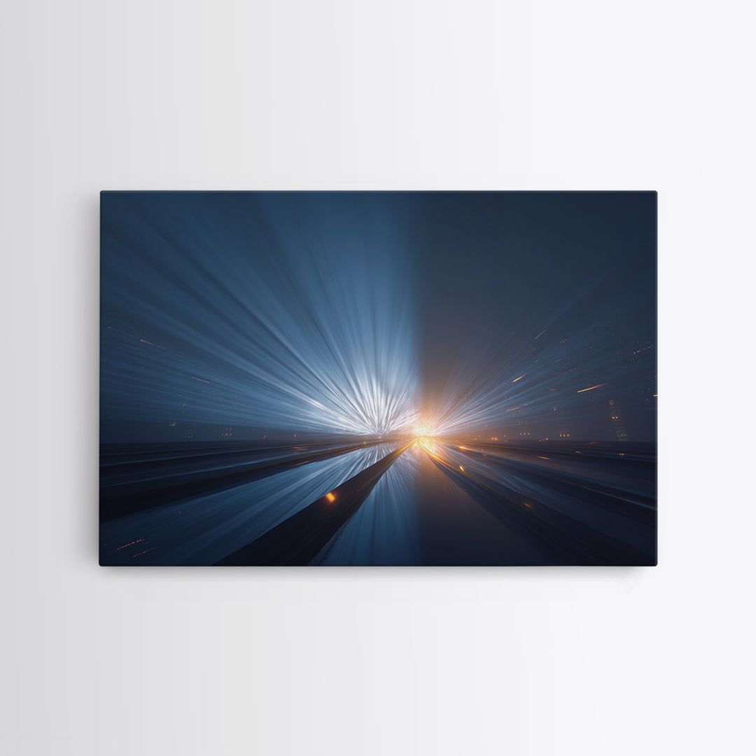 Dark Blue Highway Light Burst Canvas Print, Modern Abstract Art, Futuristic Wall Decor, Masculine Office Poster Print Gift