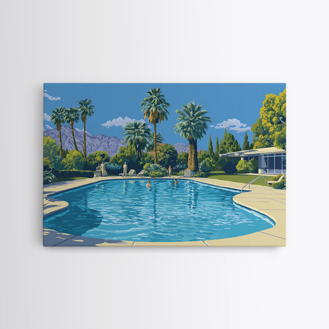 Palm Springs Swimming Pool Framed Canvas Print, Mid Century Modern Wall Art, California Travel Poster, Retro Home Decor Print
