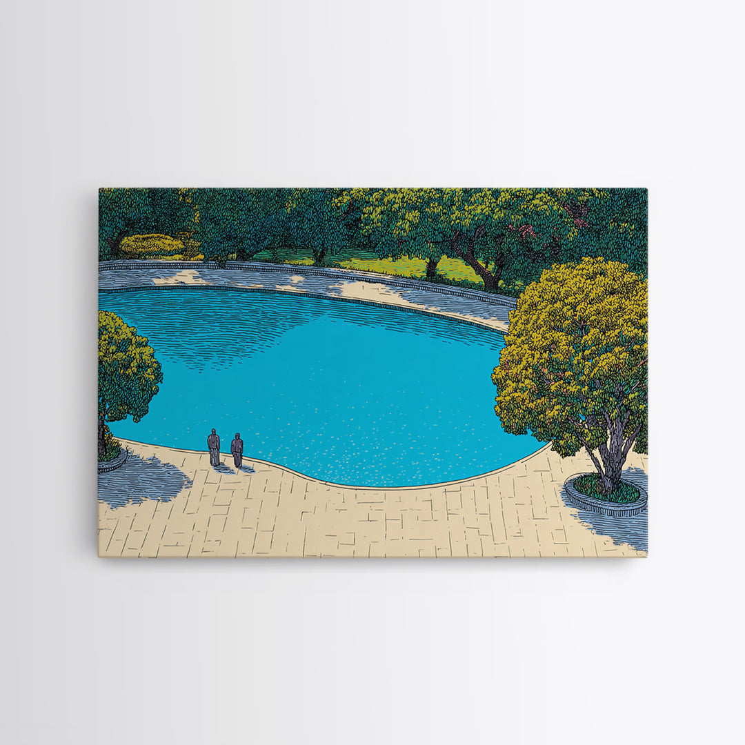 Turquoise Lagoon Garden Path Wall Art, Mid Century Modern Canvas Print, Scenic Landscape Poster, Blue Nature Home Decor Print