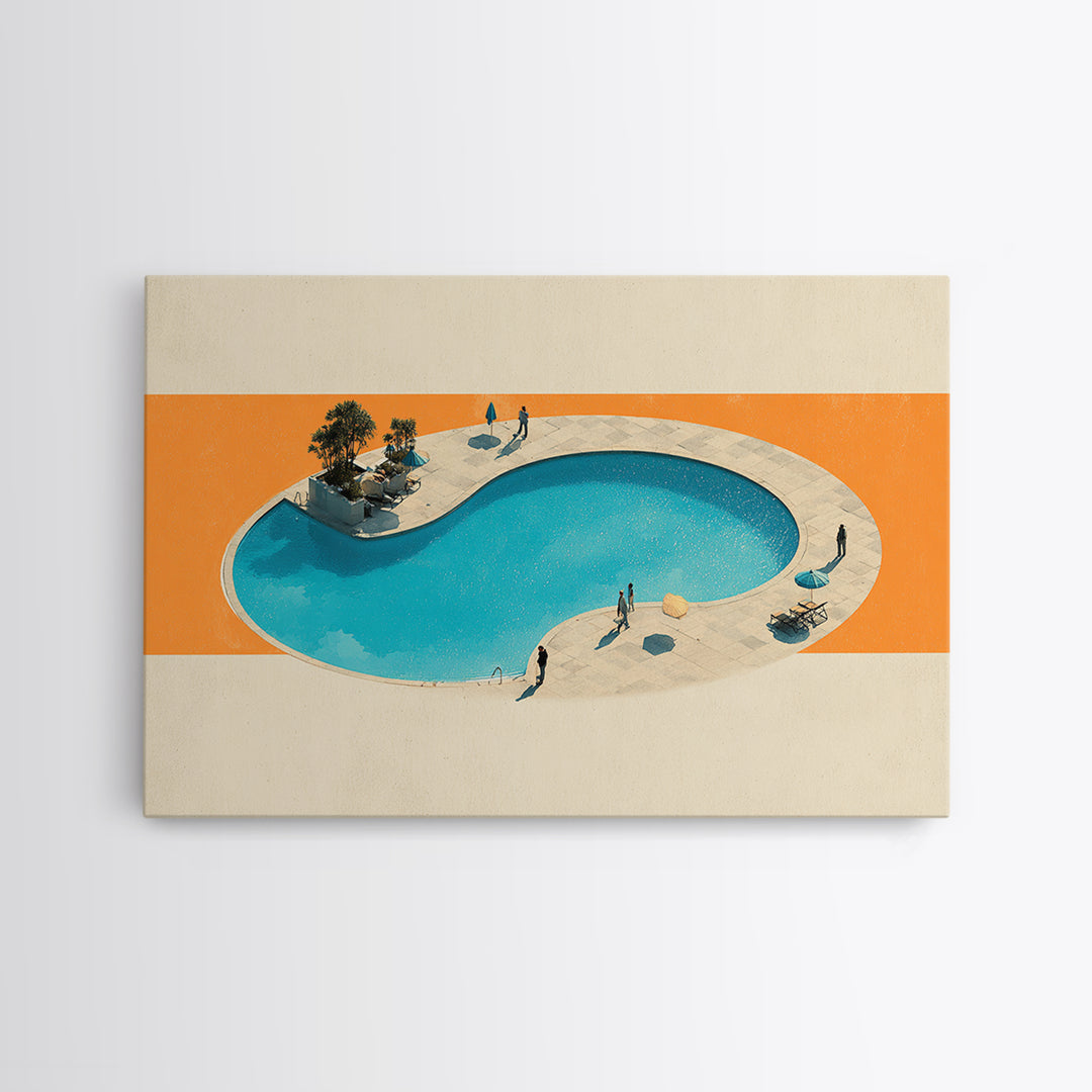 Aerial Kidney Pool With Orange Field Wall Art, Mid Century Modern Canvas Print, Minimalist Retro Home Decor, Pool Poster