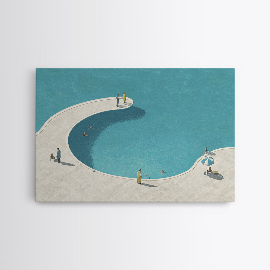 Minimal Curved Pool And Sunbathers Canvas Print, Mid Century Modern Wall Art, Blue Abstract Decor, Retro Summer Poster Print