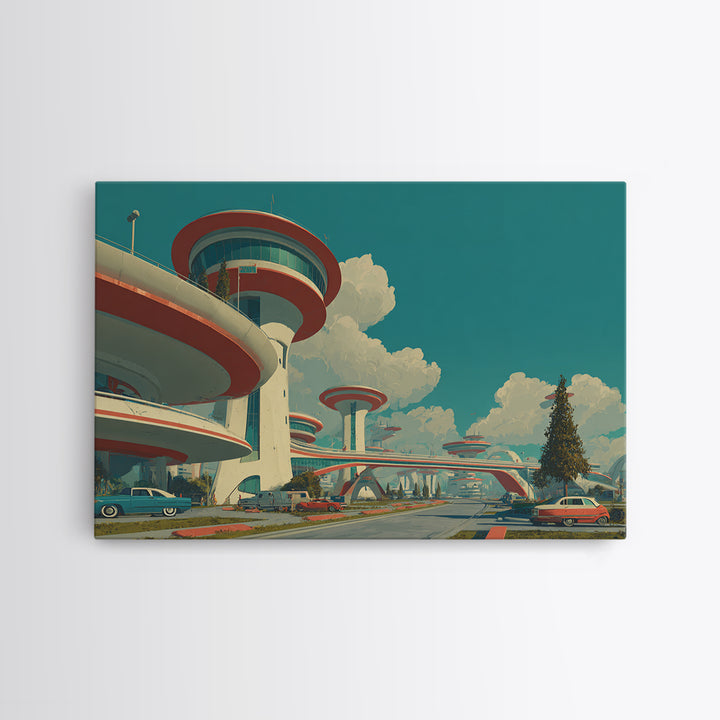 Futuristic Atomic City With Flying Saucer Framed Canvas Print, Mid Century Modern Wall Art, Retro Sci Fi Poster Decor Print