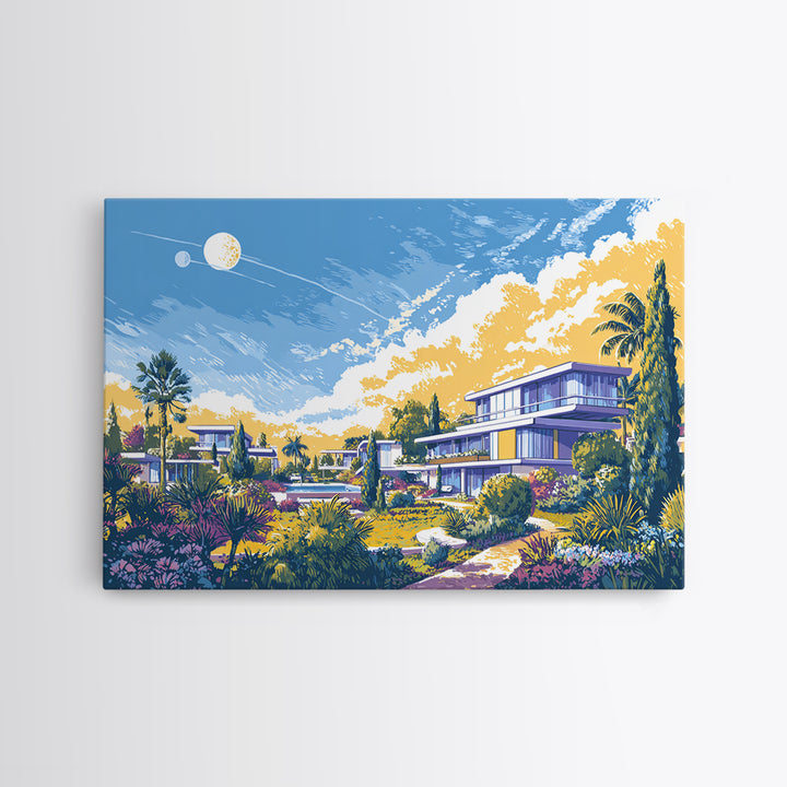 Modernist Garden Homes And Celestial Sky Canvas Print, Mid Century Modern Wall Art, Architectural Landscape Home Decor Poster