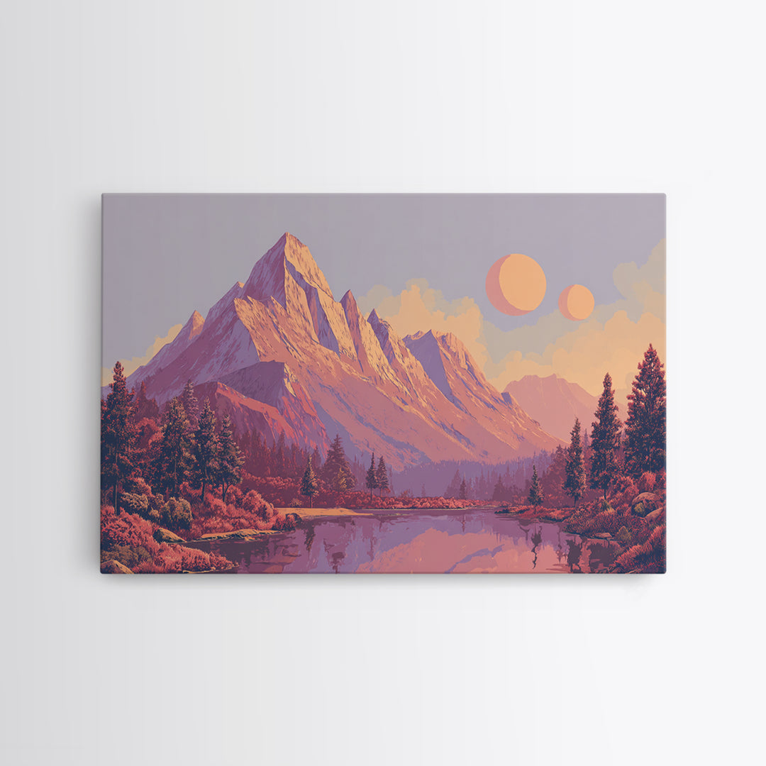 Pink Purple Alpine Lake Wall Art, Midcentury Modern Landscape Print, Retro Mountain Decor, Pastel Scenic Home Poster Gift